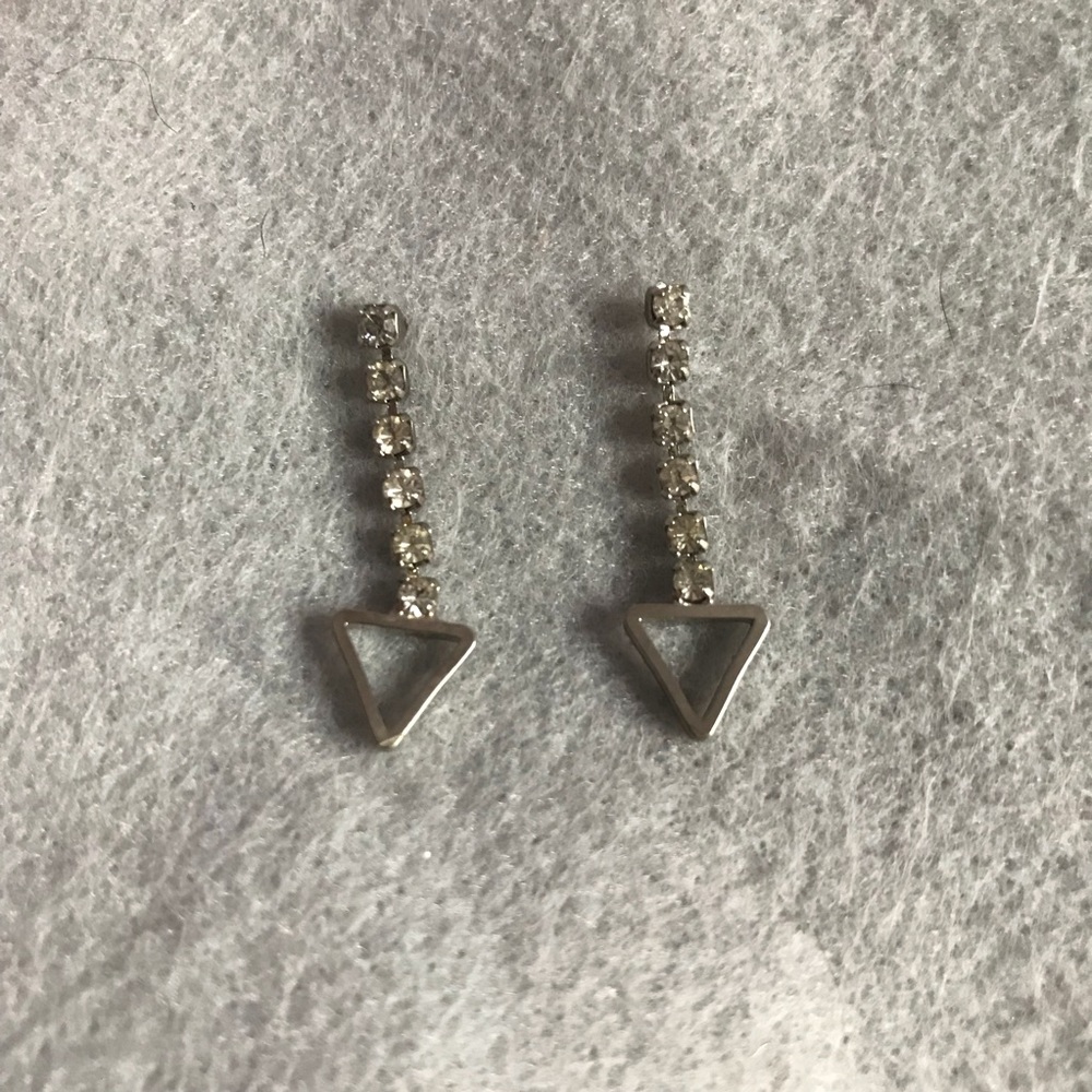 Vintage Rhinestone Earrings | silver tone triangle